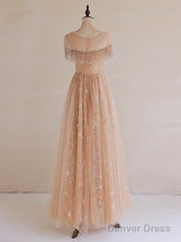A-Line Lace Champagne Long Prom Dress, Champagne Lace Long Formal Dress